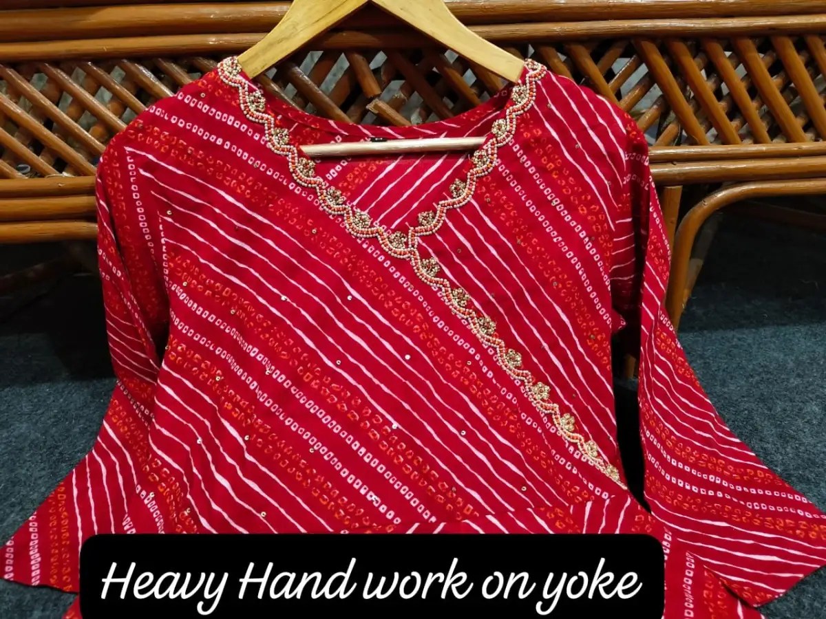 Festive Bandej Anarkali Set Pure Cotton Kurti Set for Women - Side Profile View | Jaipur Cloth