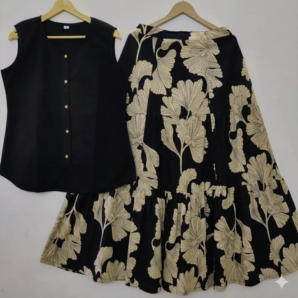 Elegant Flair Skirt & Waistcoat Set Pure Cotton Kurti Set for Women - Embroidered Yoke Detail View | Jaipur Cloth