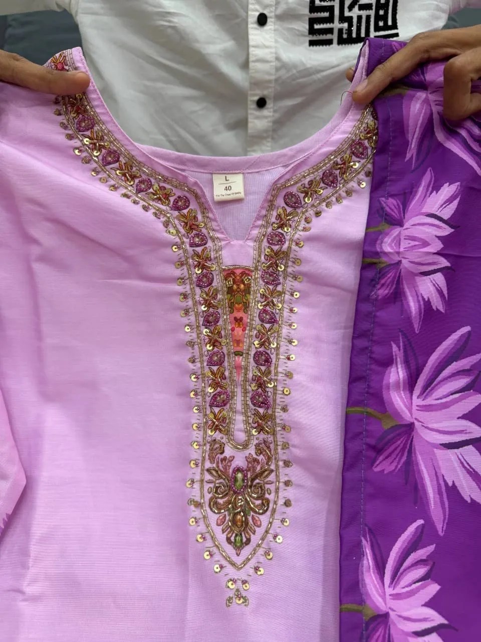 Lavender Ethnic Elegance 3-Piece Set Pure Cotton Kurti Set for Women - Embroidered Yoke Detail View | Jaipur Cloth
