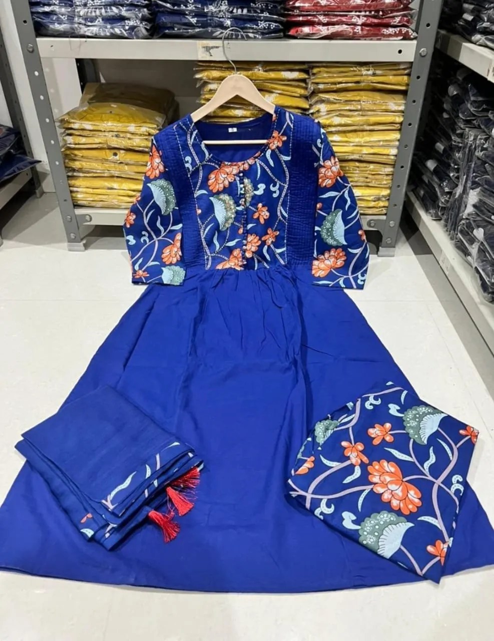Elegant Blue & Purple Pure Cotton Kurta Pant Set - Embroidered Yoke Detail View | Jaipur Cloth