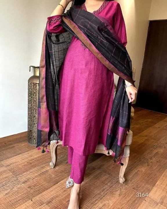 Linen Elegance Handloom Cotton Kurti Set - Front View
