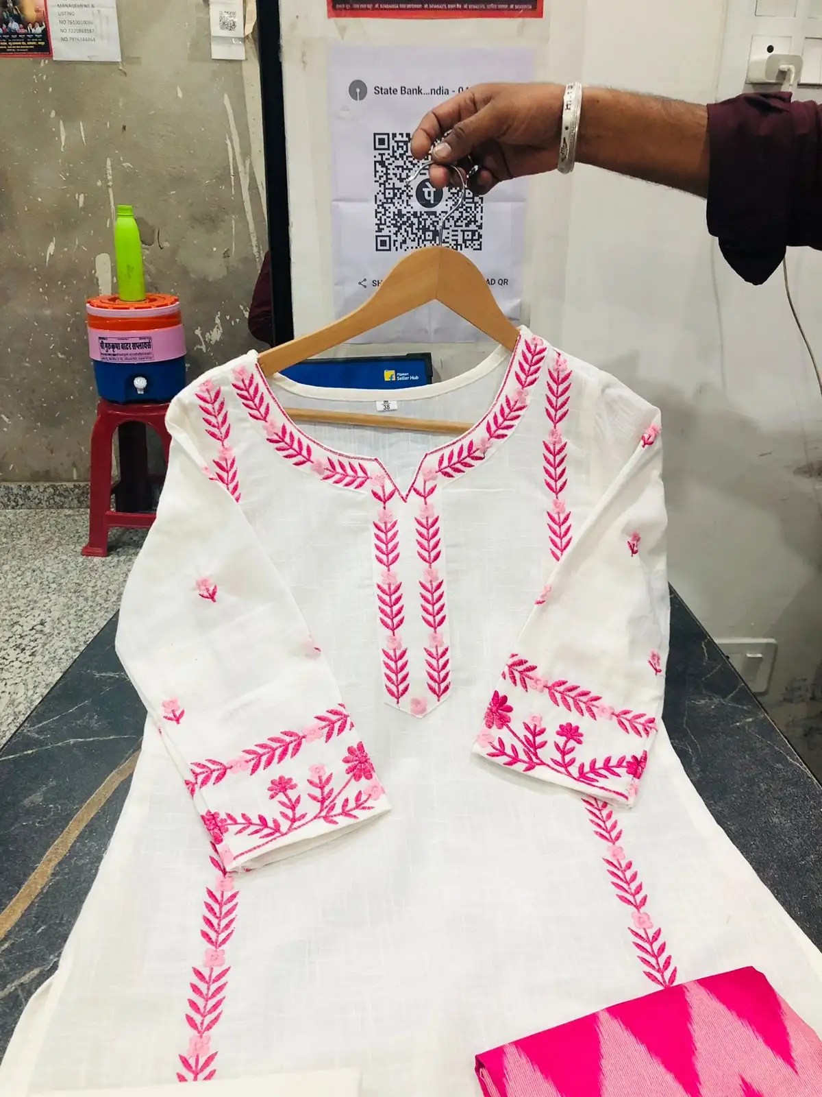 Handloom Embroidery Cotton Kurti Set for Women - Back & Fabric Close-Up View