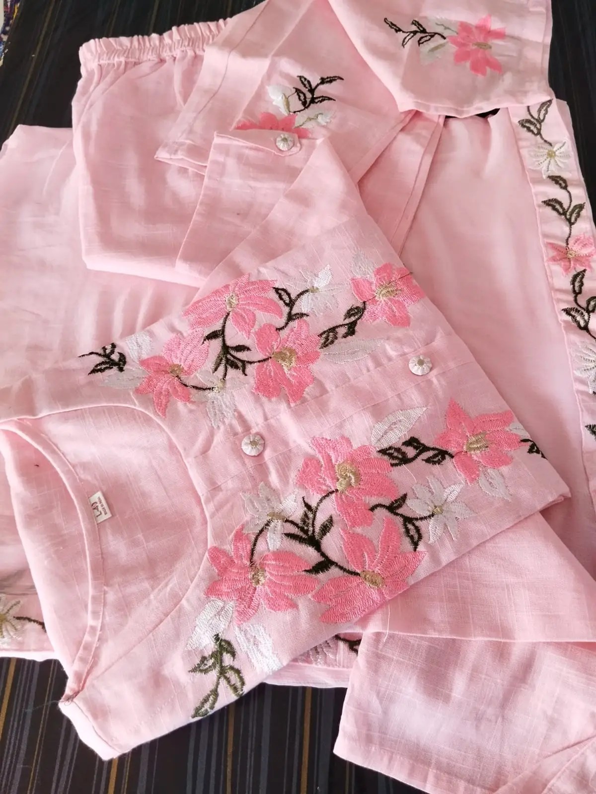 Festive Cotton Slub Embroidered Suit Set for Women - Back & Fabric Close-Up View