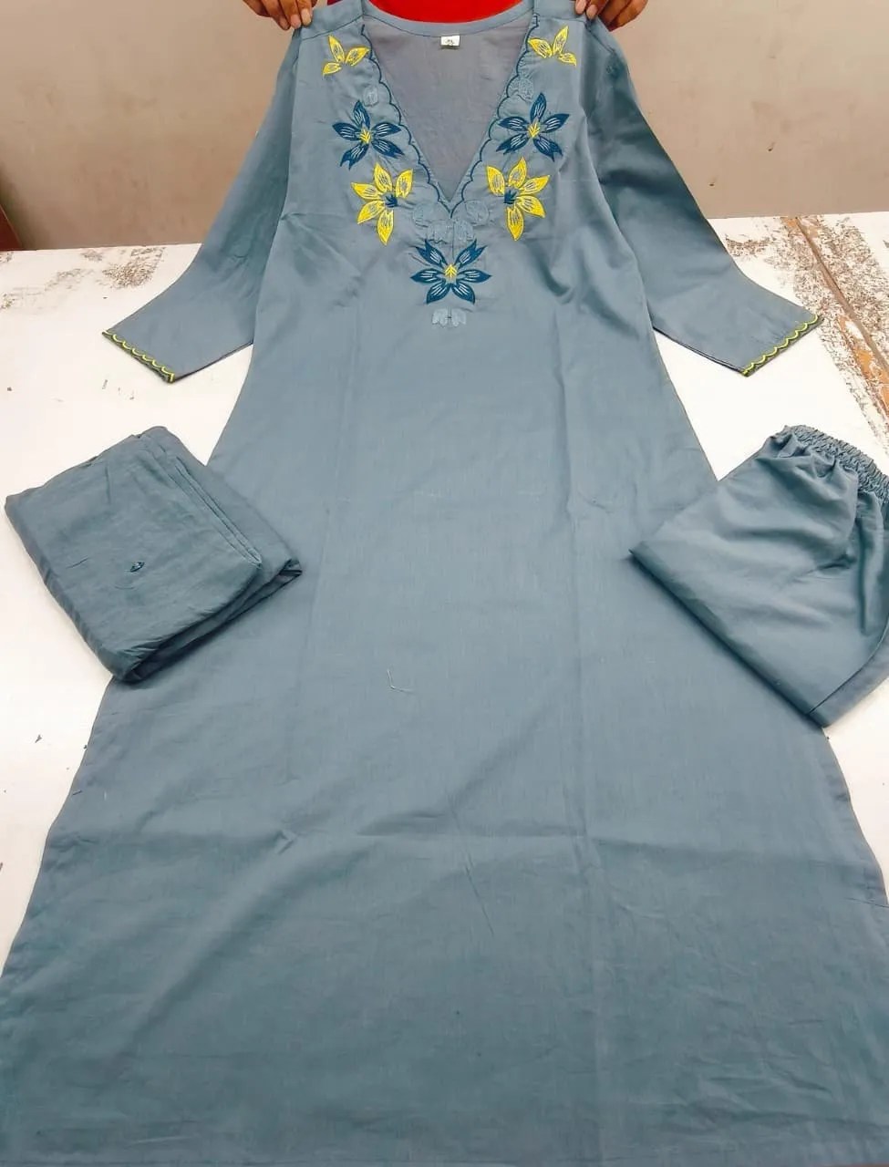 Elegant Embroidered Cotton Set - Handblock Printed Cotton Kurti Set by Jaipur Cloth