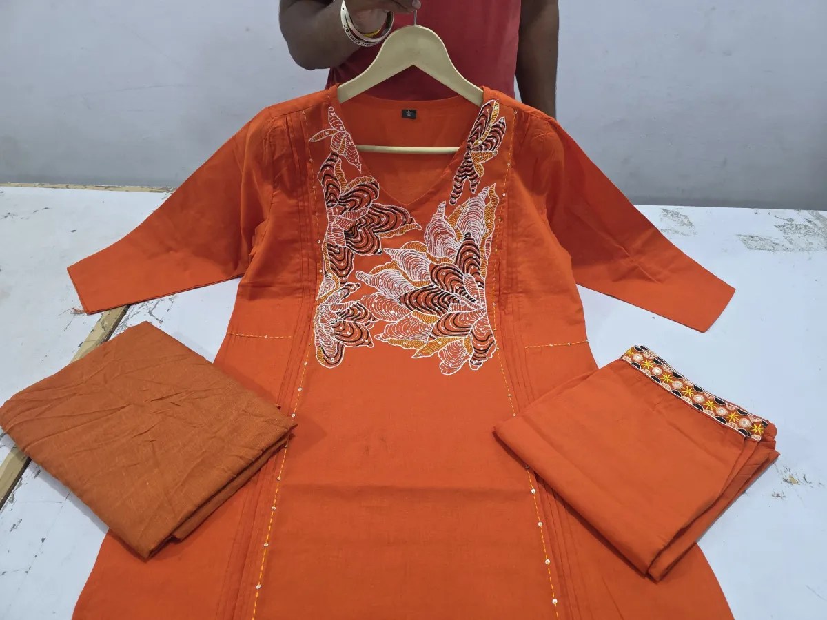 Festive Cotton Embroidery Suit Set - Jaipuri Print Close Up Detail