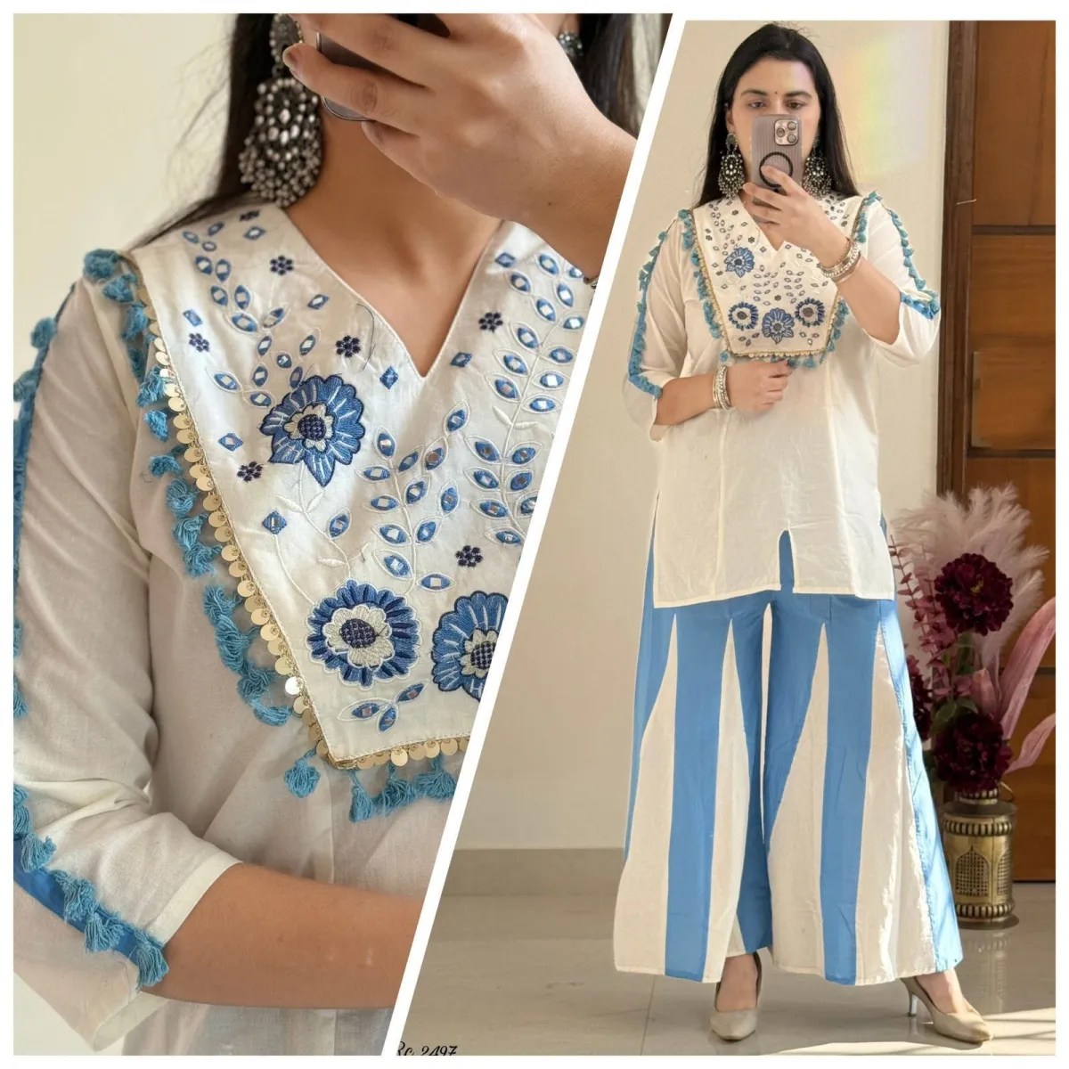 Embroidered Co-ord Set with Kali Pants - 100% Pure Cotton Front View Jaipur Cloth