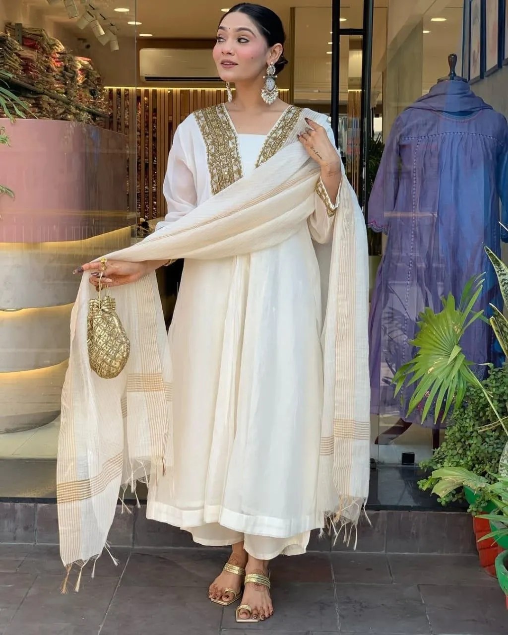Chanderi Elegance Suit Set - 100% Pure Cotton Front View Jaipur Cloth