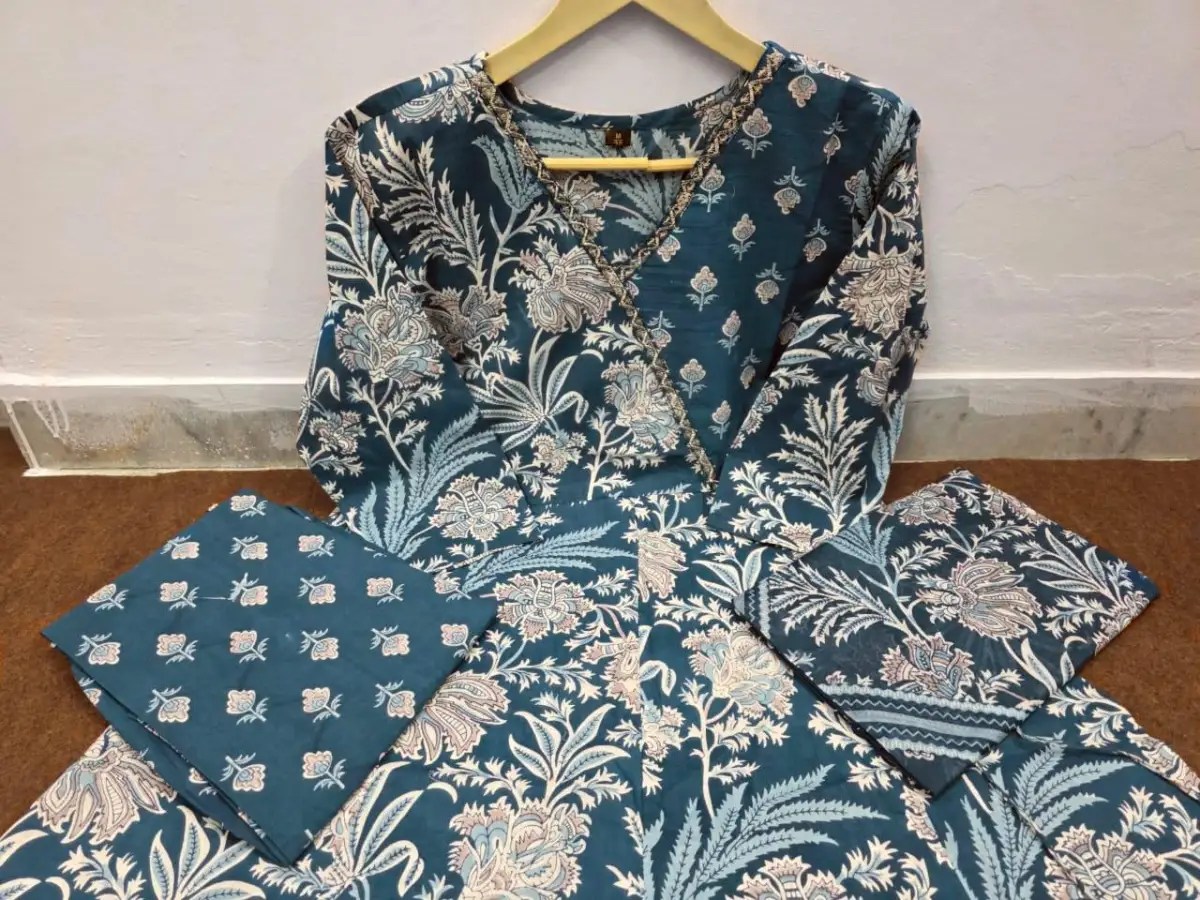 Elegant Angrakha Anarkali Set - Jaipuri Print Close Up Detail