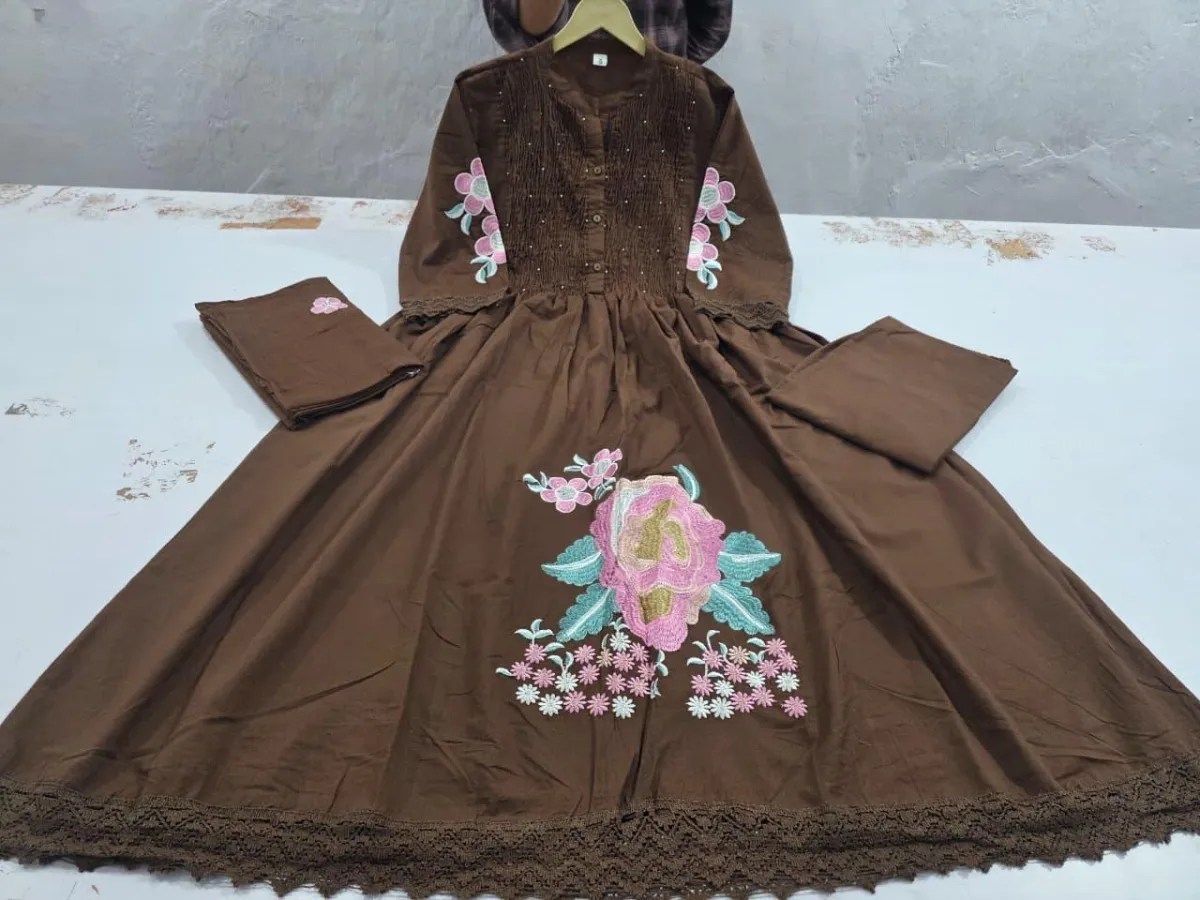 Colorful Embroidered Anarkali Set - Jaipuri Print Close Up Detail