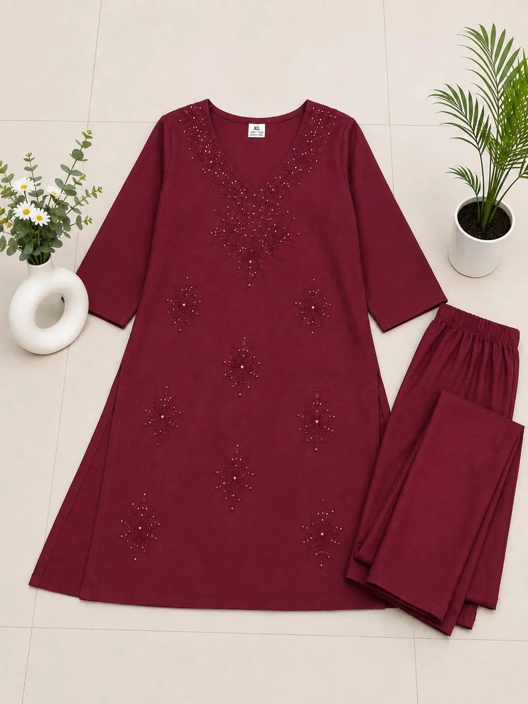 Elegant Embroidered Cotton Kurti Set - Jaipuri Print Close Up Detail
