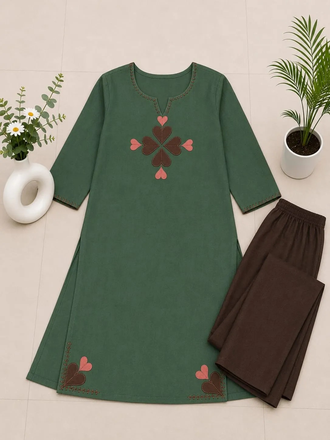 Elegant Green Cotton Kurti Set - Jaipuri Print Close Up Detail