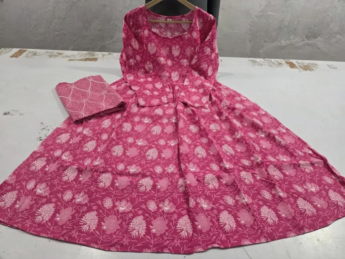 Dreamy Anarkali Kurta Set - Jaipuri Print Close Up Detail