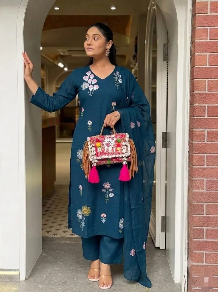 Elegant Embroidery Kurti Set - 100% Pure Cotton Front View Jaipur Cloth