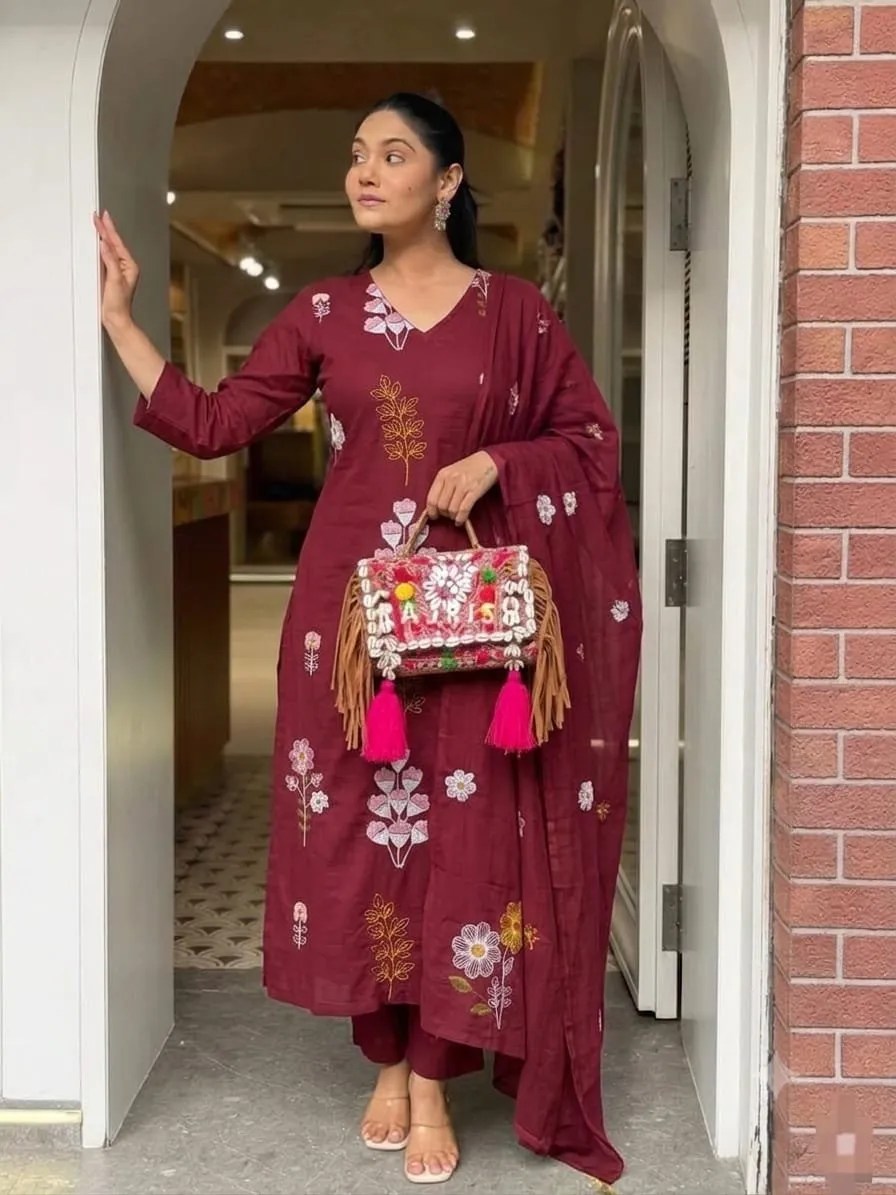 Embroidered Cotton Kurti Set - 100% Pure Cotton Front View Jaipur Cloth