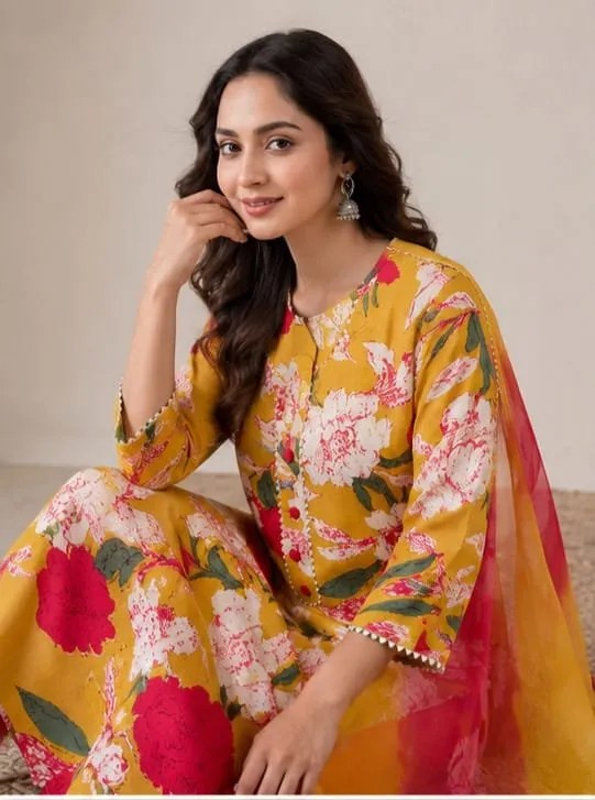 Floral Elegance Kurti Set - 100% Pure Cotton Front View Jaipur Cloth
