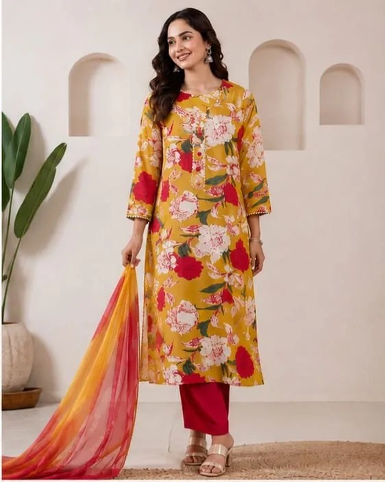 Floral Elegance Kurti Set Complete 3-Piece Outfit Styling and Drape