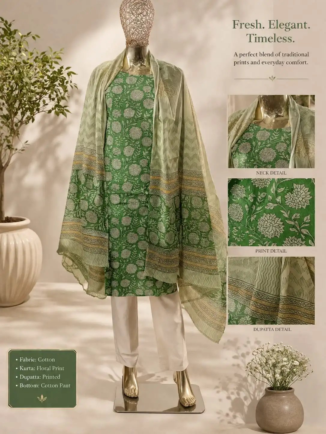लेटेस्ट स्टाइलिश कॉटन सूट सेट Side Angle and Hemline Silhouette