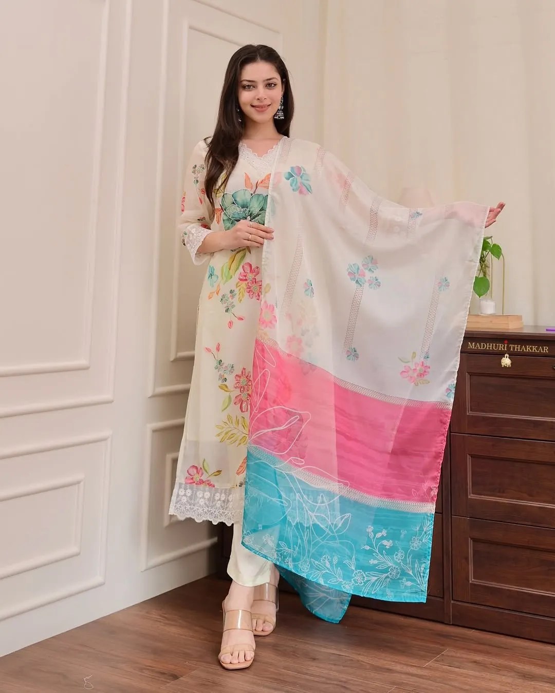 Elegant Reshmi Organza Suit Set - 100% Pure Cotton Front View Jaipur Cloth