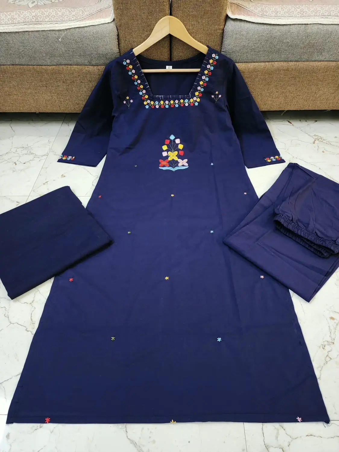 Elegant Embroidery 3-Piece Cotton Set - Handblock Printed Cotton Kurti Set by Jaipur Cloth