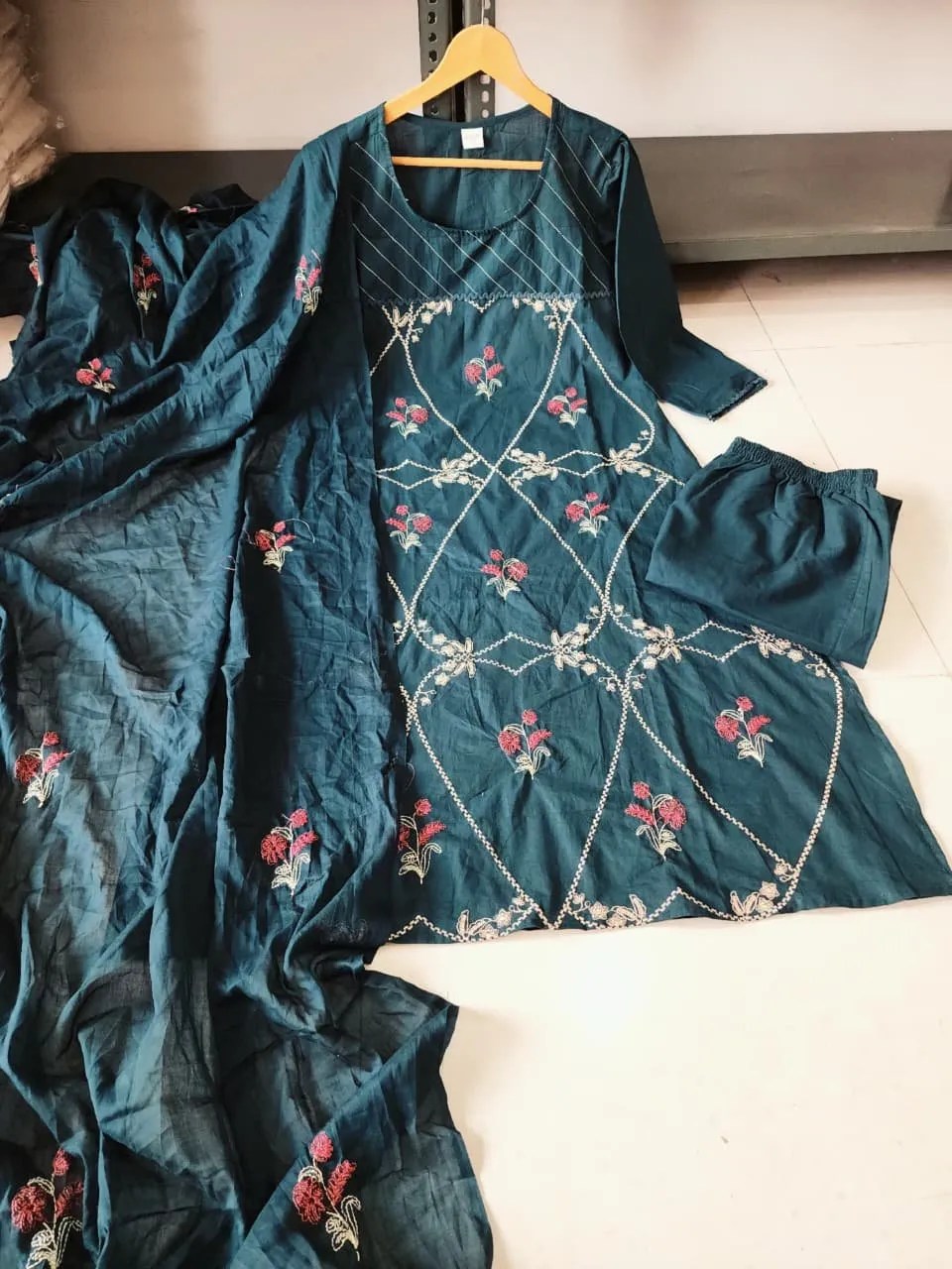 Elegant Cotton Embroidered Set - Handblock Printed Cotton Kurti Set by Jaipur Cloth