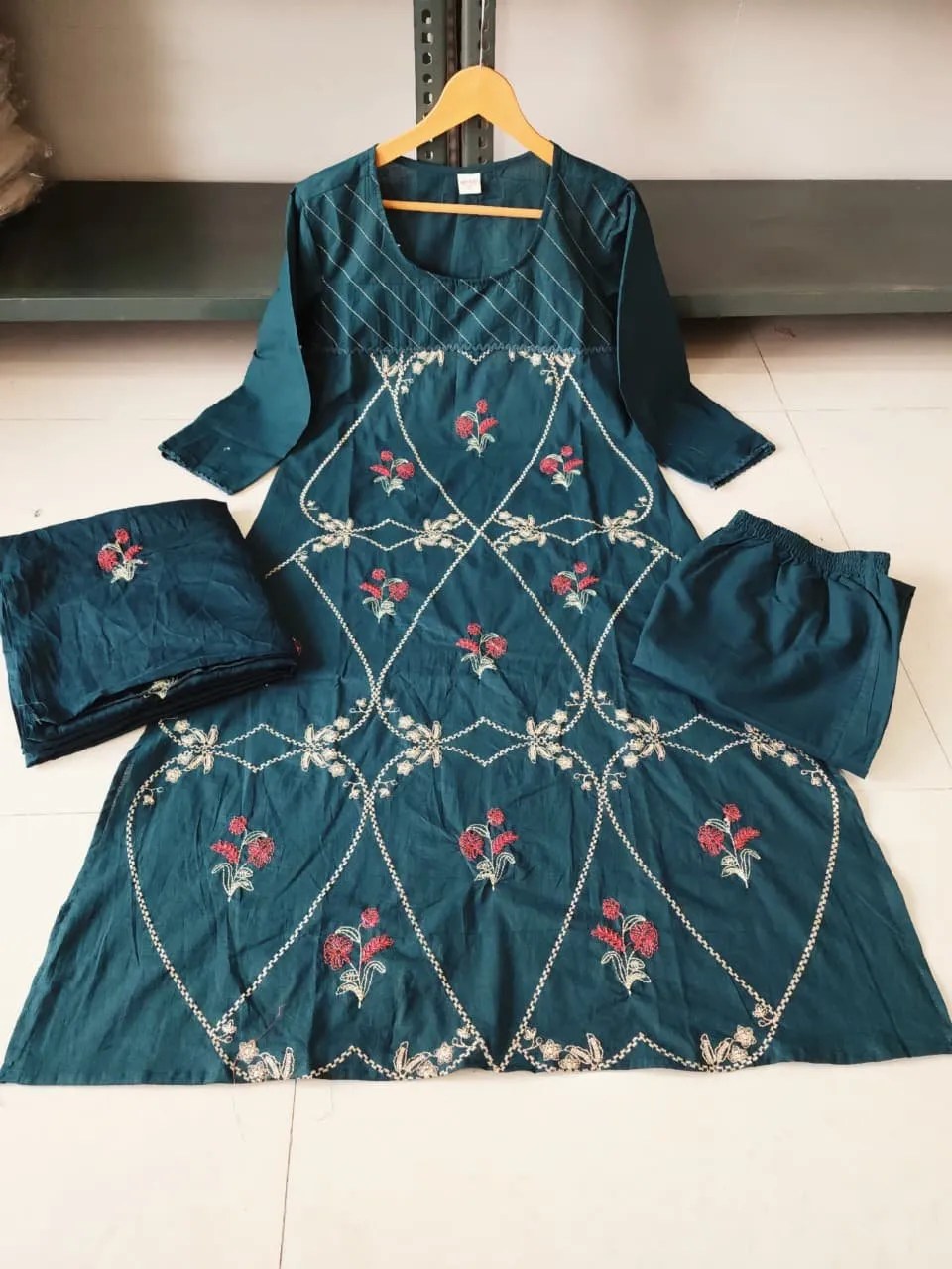 Elegant Cotton Embroidered Set - Handblock Printed Cotton Kurti Set by Jaipur Cloth