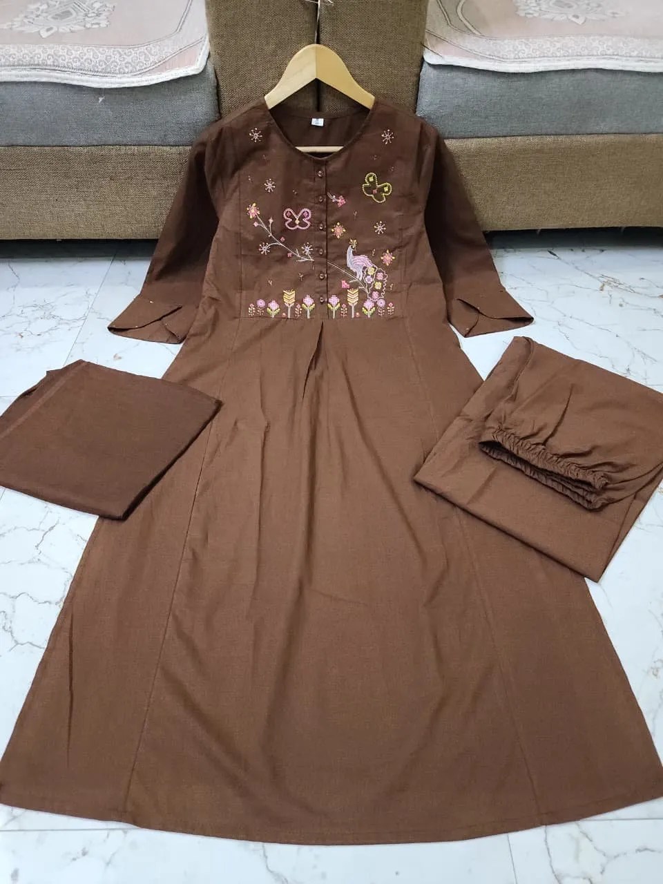 Elegant Embroidered Cotton Suit Set - Handblock Printed Cotton Kurti Set by Jaipur Cloth