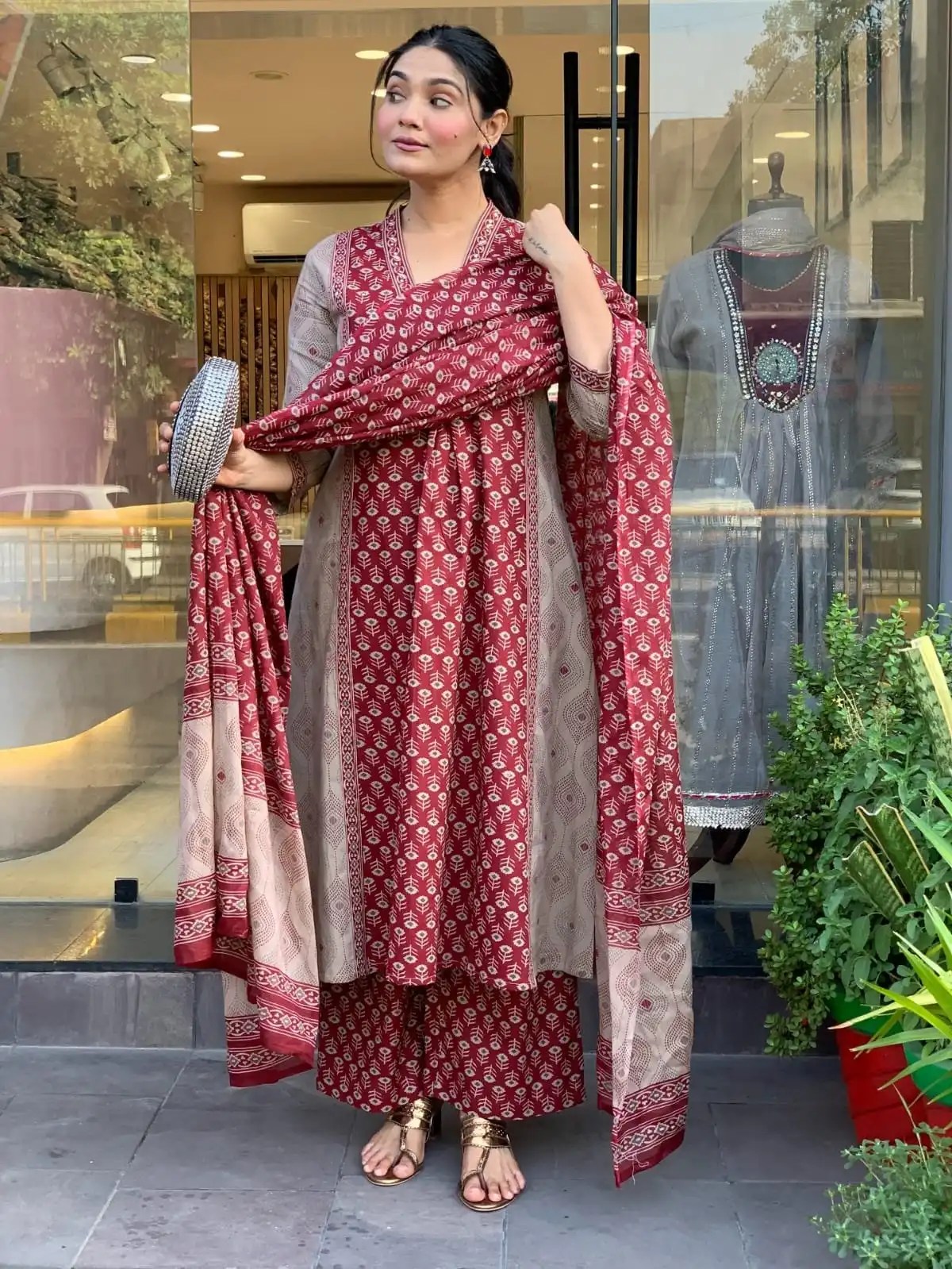 Dreamy A-Line Anarkali Set - Handblock Printed Cotton Kurti Set by Jaipur Cloth