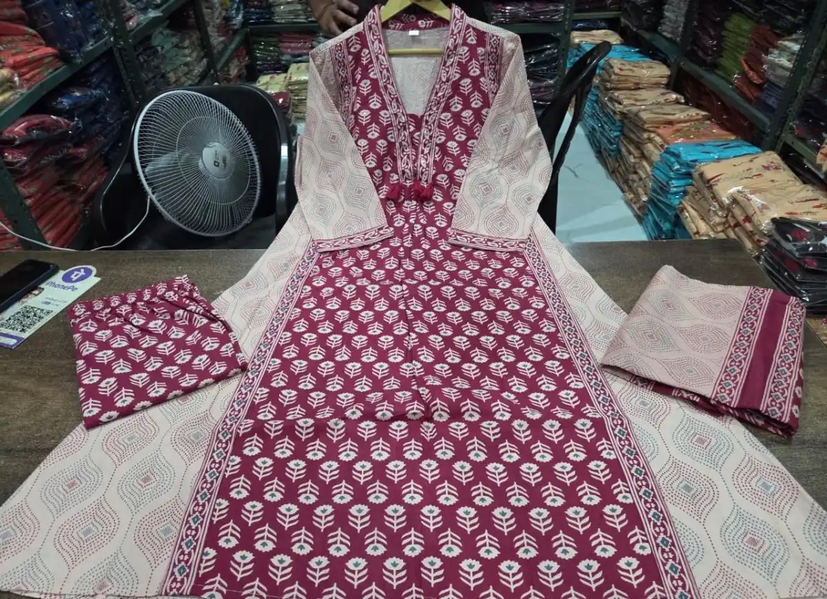 Dreamy A-Line Anarkali Set - Handblock Printed Cotton Kurti Set by Jaipur Cloth