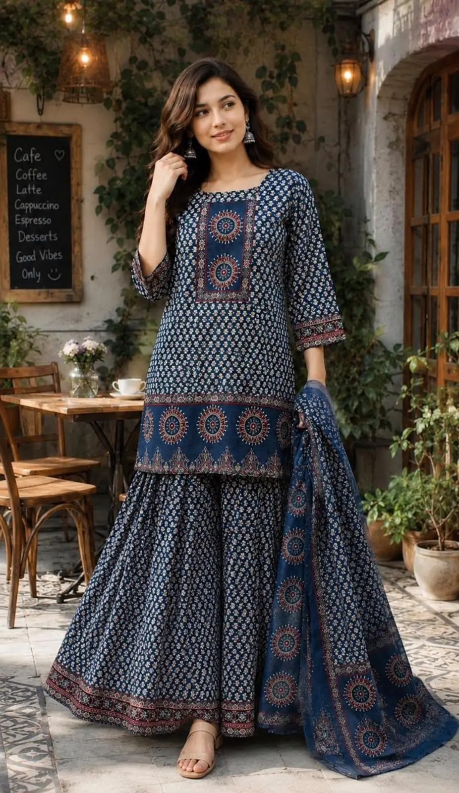 Festive Cotton Block Print Gopi Dress Sharara Set - complete traditional outfit with bottom and dupatta | Jaipur Cloth