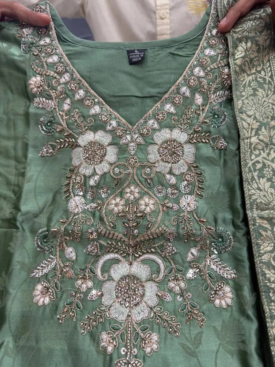 Summer Special Malay Glass Tissue Set Fabric & Work Detail View | Jaipur Cloth