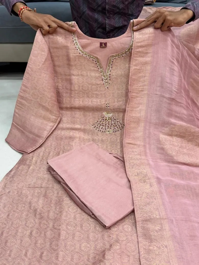 Elegant Kanjivaram Glass Tissue Suit Set Fabric & Work Detail View | Jaipur Cloth