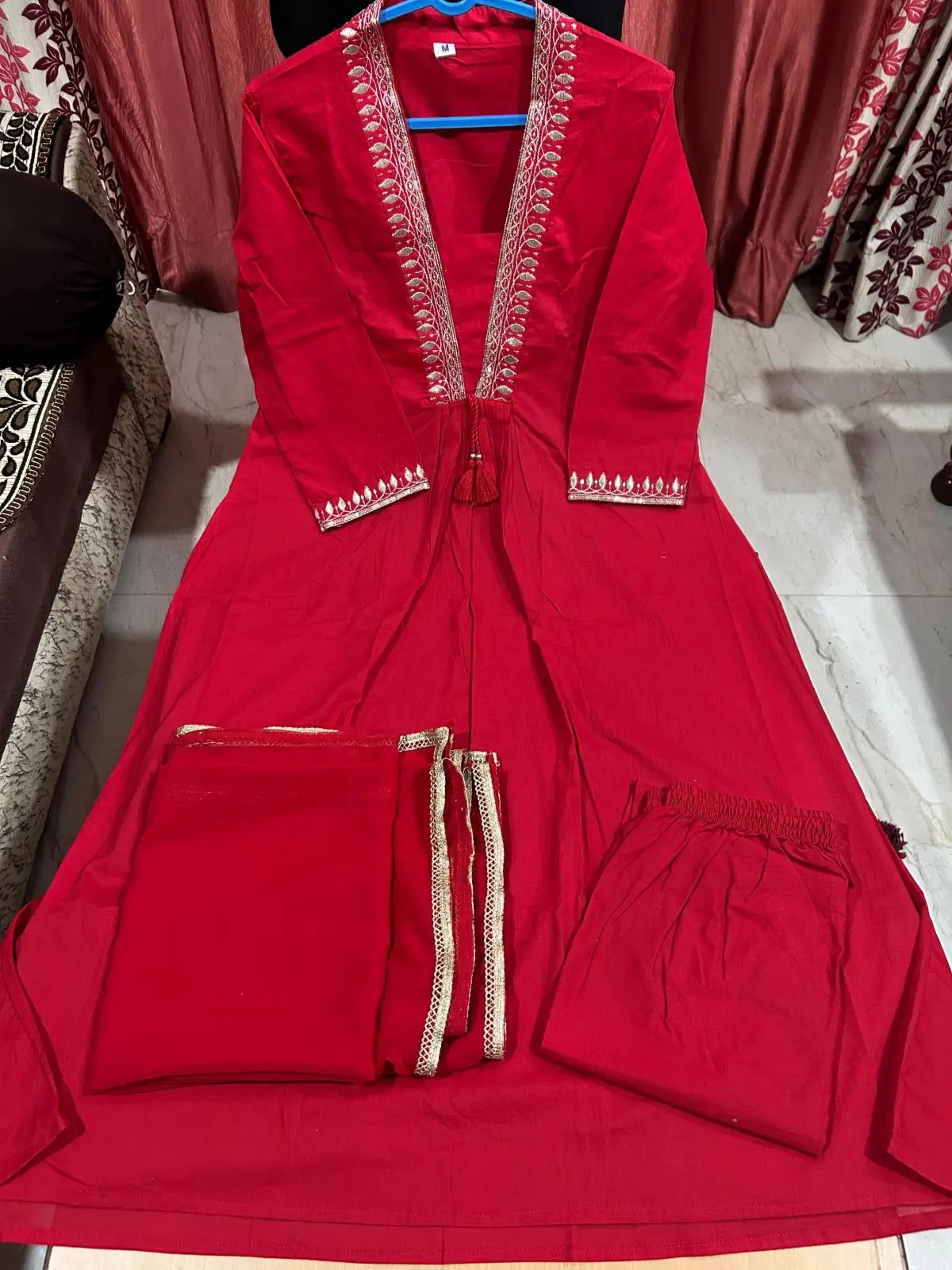 Red Anarkali suit set, full outfit view