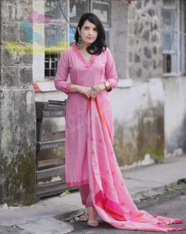 Handloom Cotton Embroidered Kurti Pant Set Front View - Jaipur Cloth