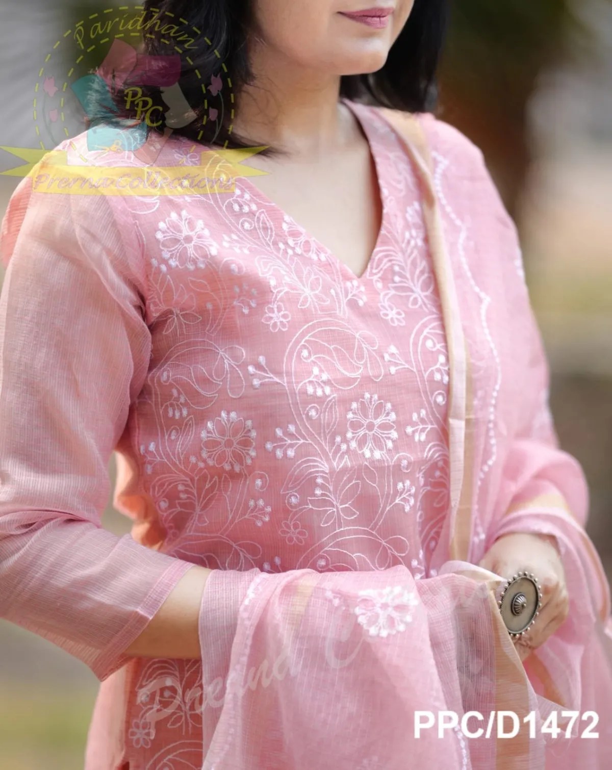 Embroidered Pastel Kota Doria Kurti Pant Set Front Look - Jaipur Cloth