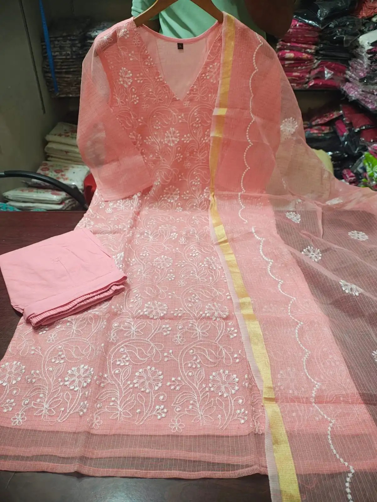 Heavy Intricate Embroidery on Kota Doria Kurti Neckline - Jaipur Cloth