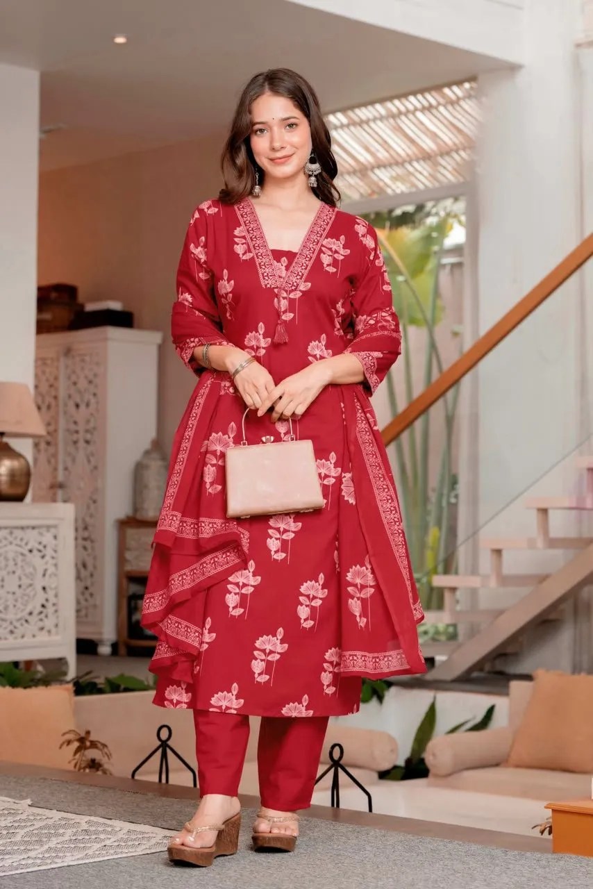 Festive Discharge Print Cotton Kurta Pant Set Front Look - Jaipur Cloth