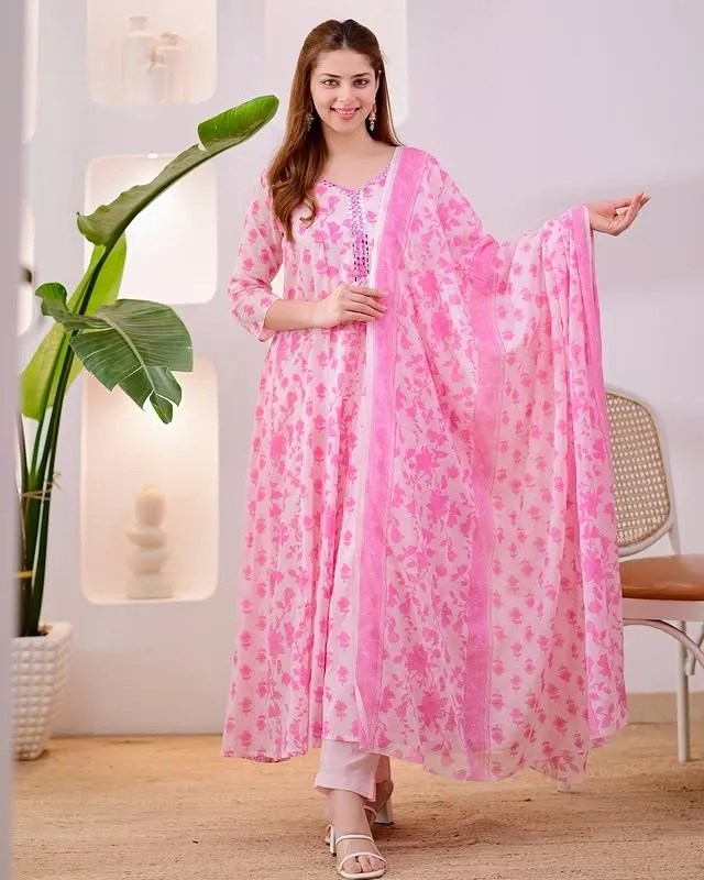 Pure 60x60 Cotton Flared Anarkali Suit Set Front Look - Jaipur Cloth