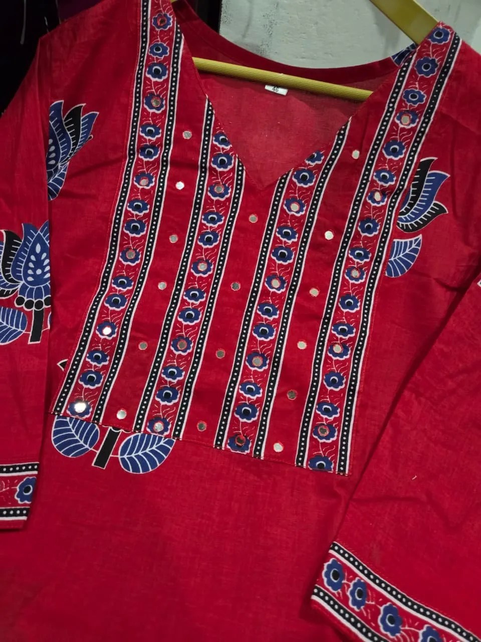 Exquisite Mirror Handwork on Mughal Floral Neckline - Jaipur Cloth