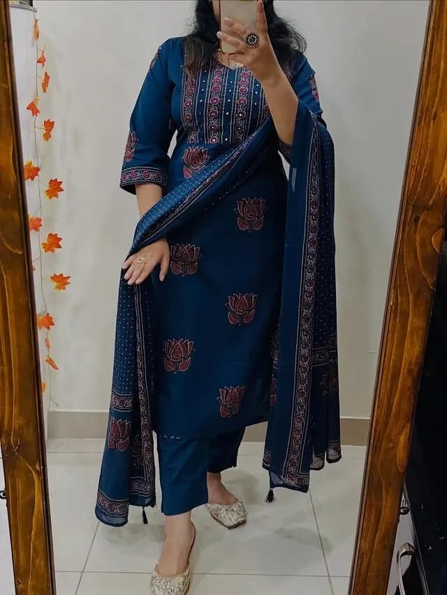 Mughal Kalamkari Floral Cotton Suit Set with Mirror Work Front - Jaipur Cloth