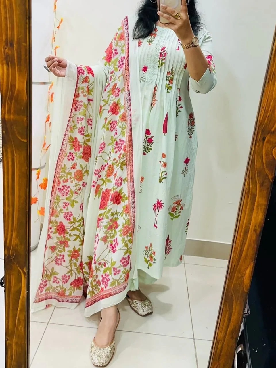 Pintex Handcrafted Pure Cotton Kurti Set with Mulmul Dupatta - Beige Front Look - Jaipur Cloth