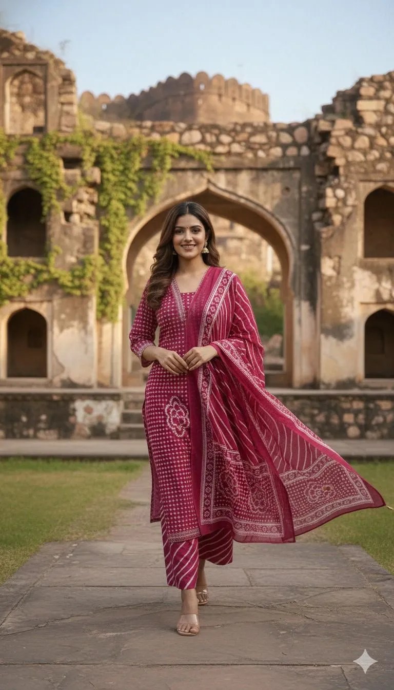 Cotton embroidered suit set with kurta, palazzo and dupatta