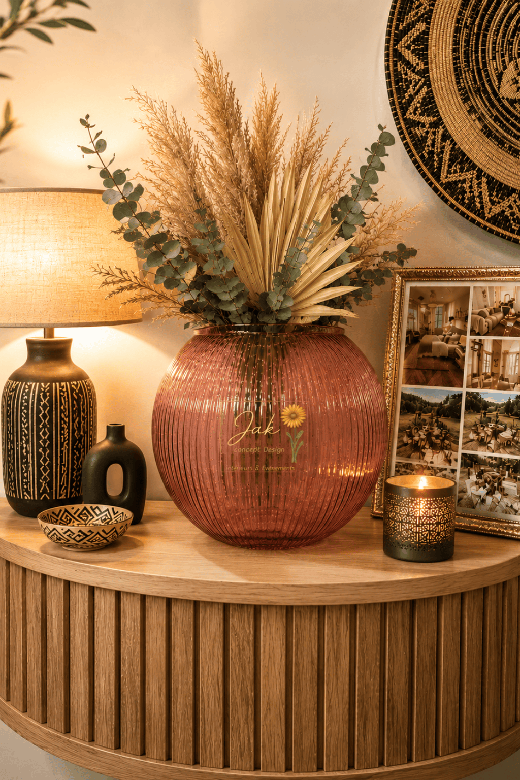 Vase boule rose strié