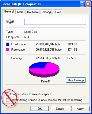 Screen shot of Windows Disk Properties showing which options to turn off