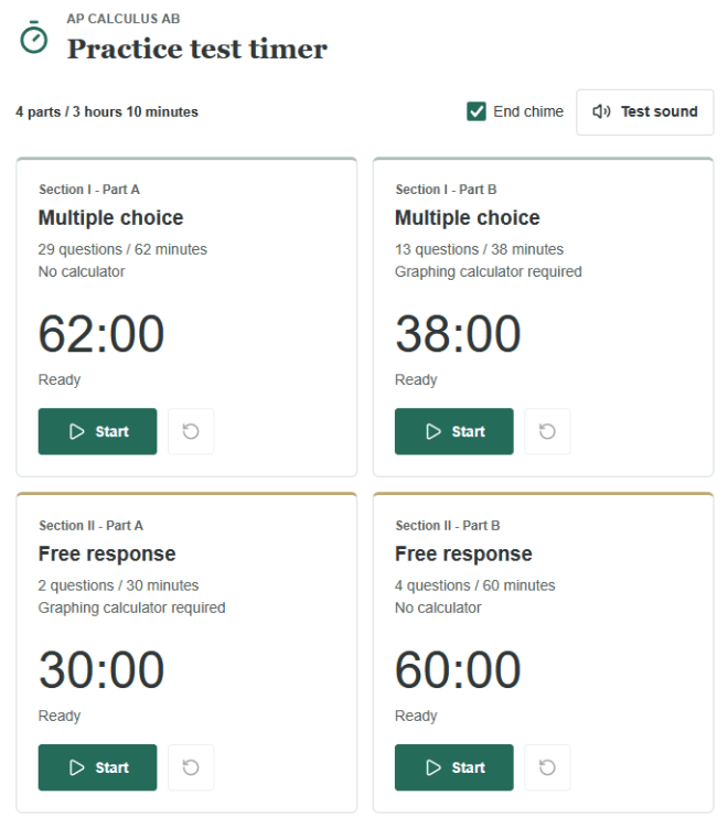 AP Calculus AB practice timer with four section countdowns, calculator reminders, and an optional end chime.