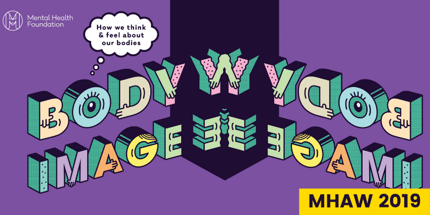 "Body Image" Bubble Text reflected in a mirror.