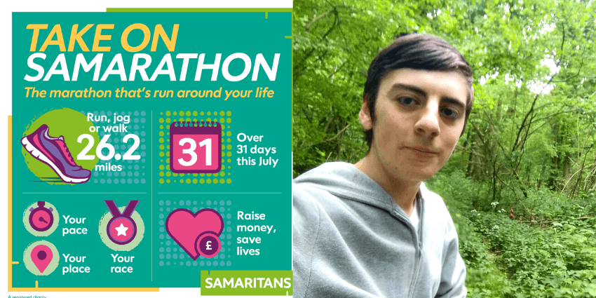 Two Images. Left - Samarathon Promotional flyer. Right - image of Jake Symons in a wood.
