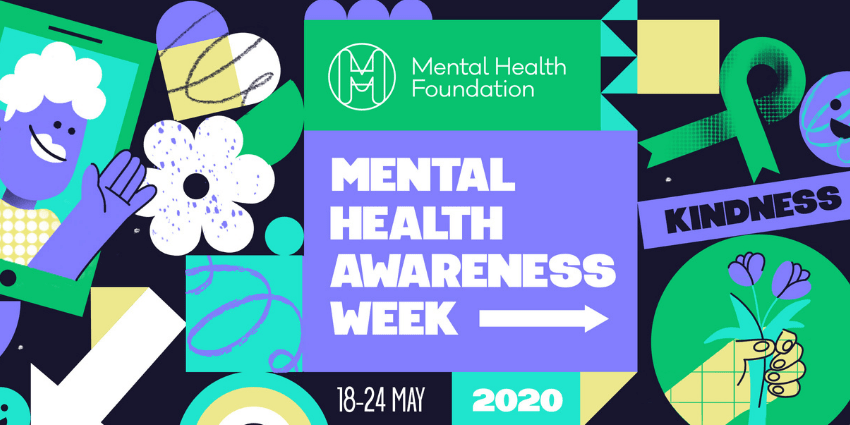 Chalkboard scribbles in Green, White and Purple, including a hand gifting a flower and the Mental Health Foundation's Ribbon.