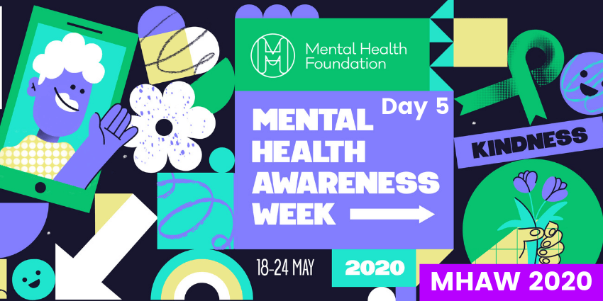 Chalkboard scribbles in Green, White and Purple, including a hand gifting a flower and the Mental Health Foundation's Ribbon.