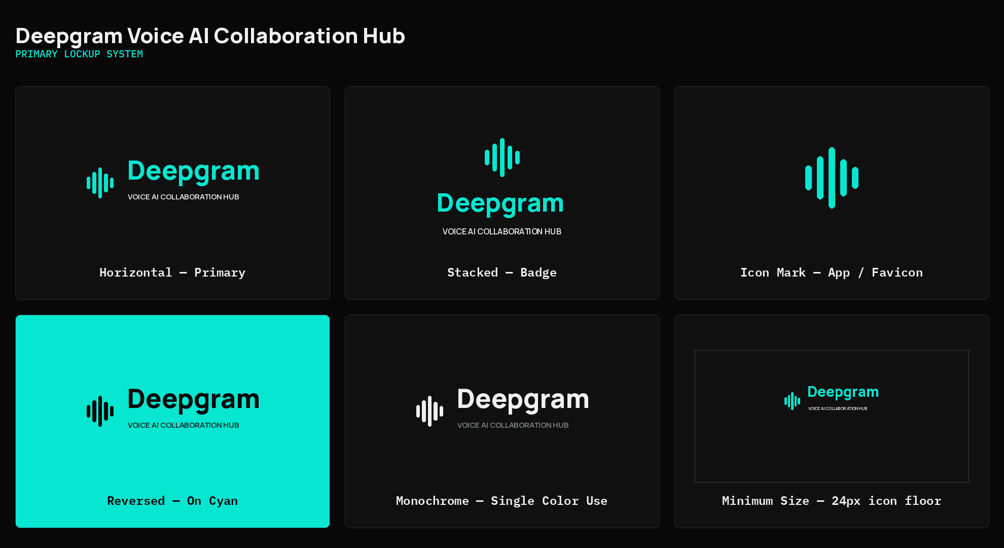 Deepgram Hub — primary lockup system: horizontal, stacked, reversed and monochrome