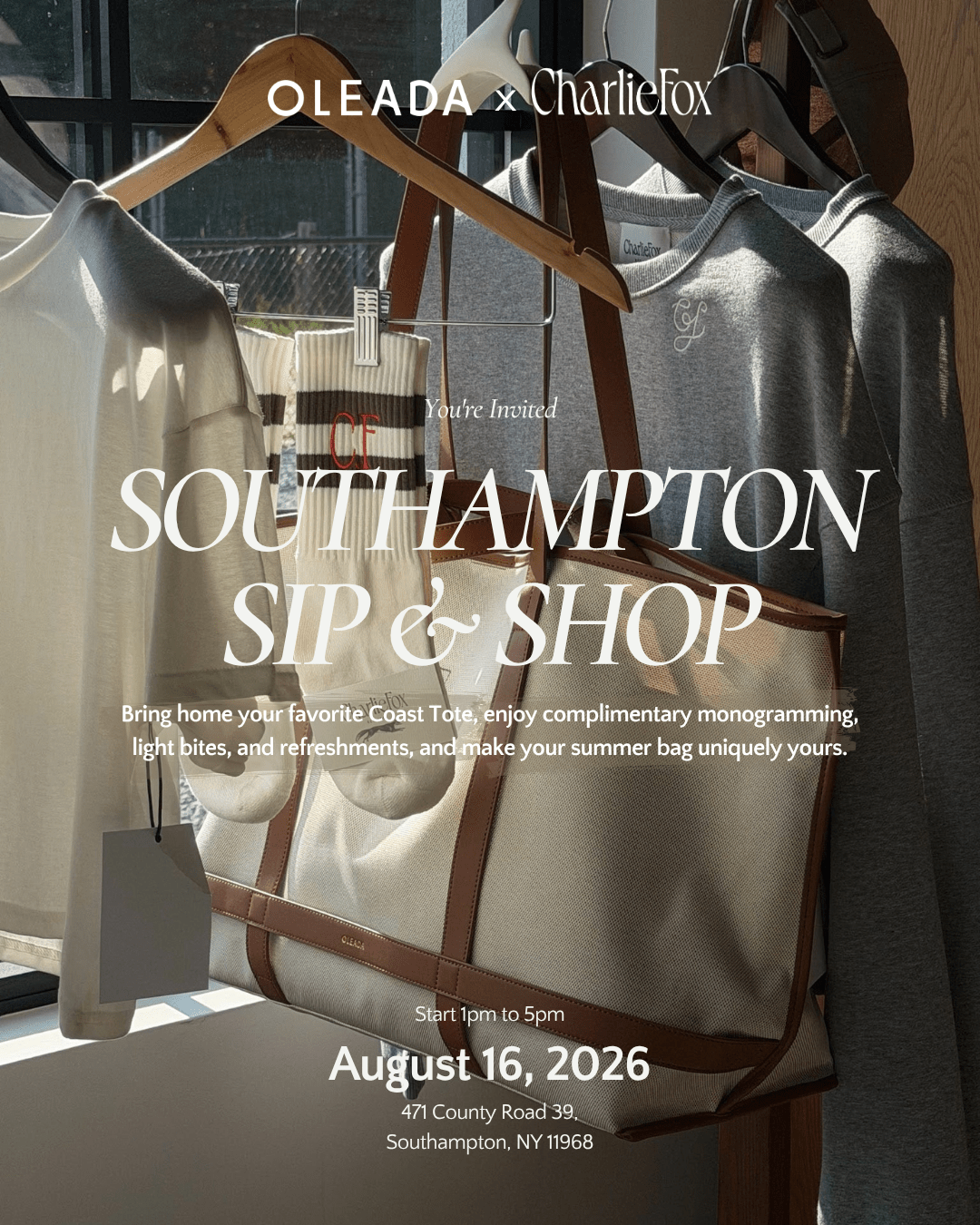 OLEADA Brings Complimentary Monogramming to Charlie Fox in Southampton on 8/16